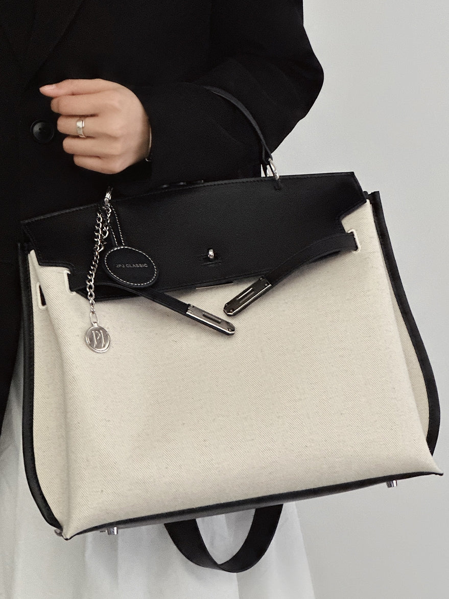 Contrast Color Structured Leather Shoulder Tote_BDHL7453