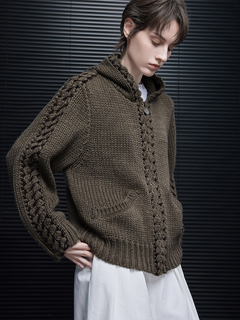 Hooded Brown Knit Cardigan_BDHL7874