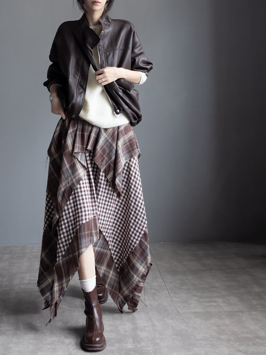Checkered Asymmetrical Midi Skirt_BDHL7933