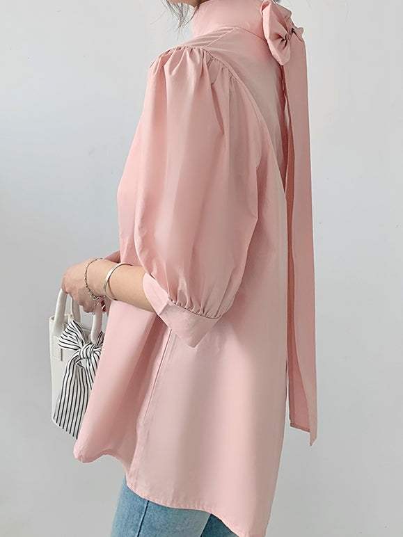 Lantern Sleeve Bow Tie Tops_BDHL7218