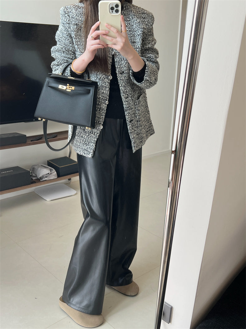 Black PU Leather Straight Pants_BDHL6764