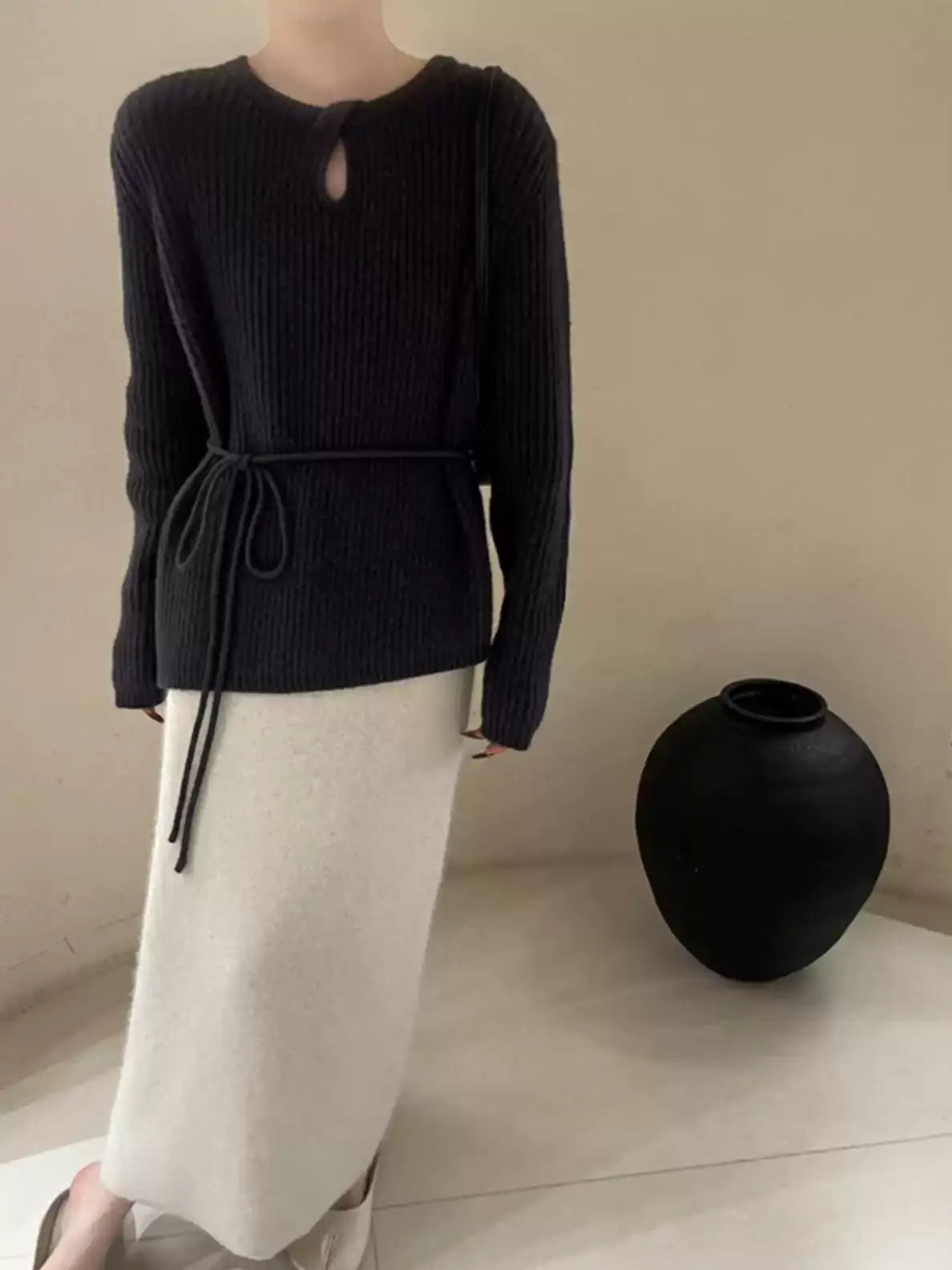 Waist Drawstring Rib-Knit Tops_BDHL8018