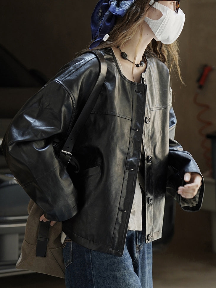 Collarless Leather Jacket_BDHL7771