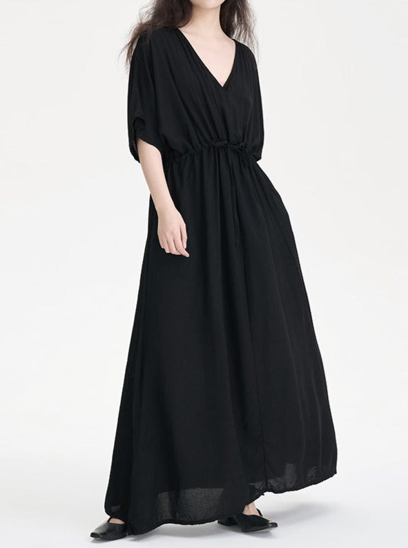 V-Neck Gathered Black Dress_BDHL6241