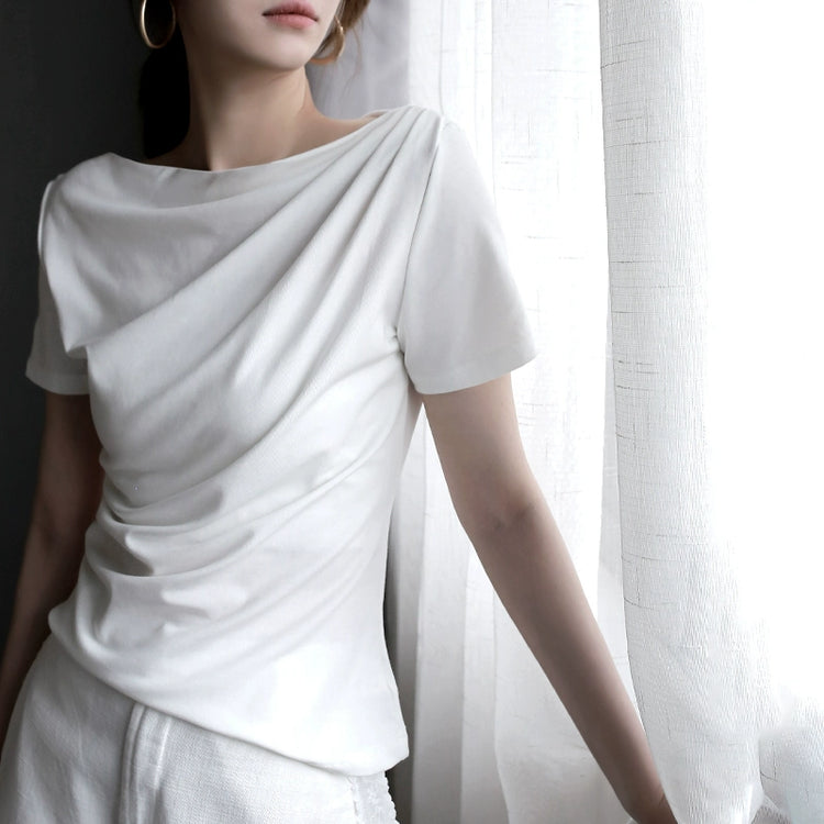 Swing Collar Side Lace Tencel Short Sleeve T-Shirt_BDHL7300
