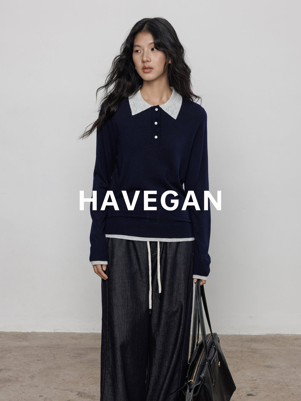 Contrast Collar Long-Sleeved Tops_BDHL7694