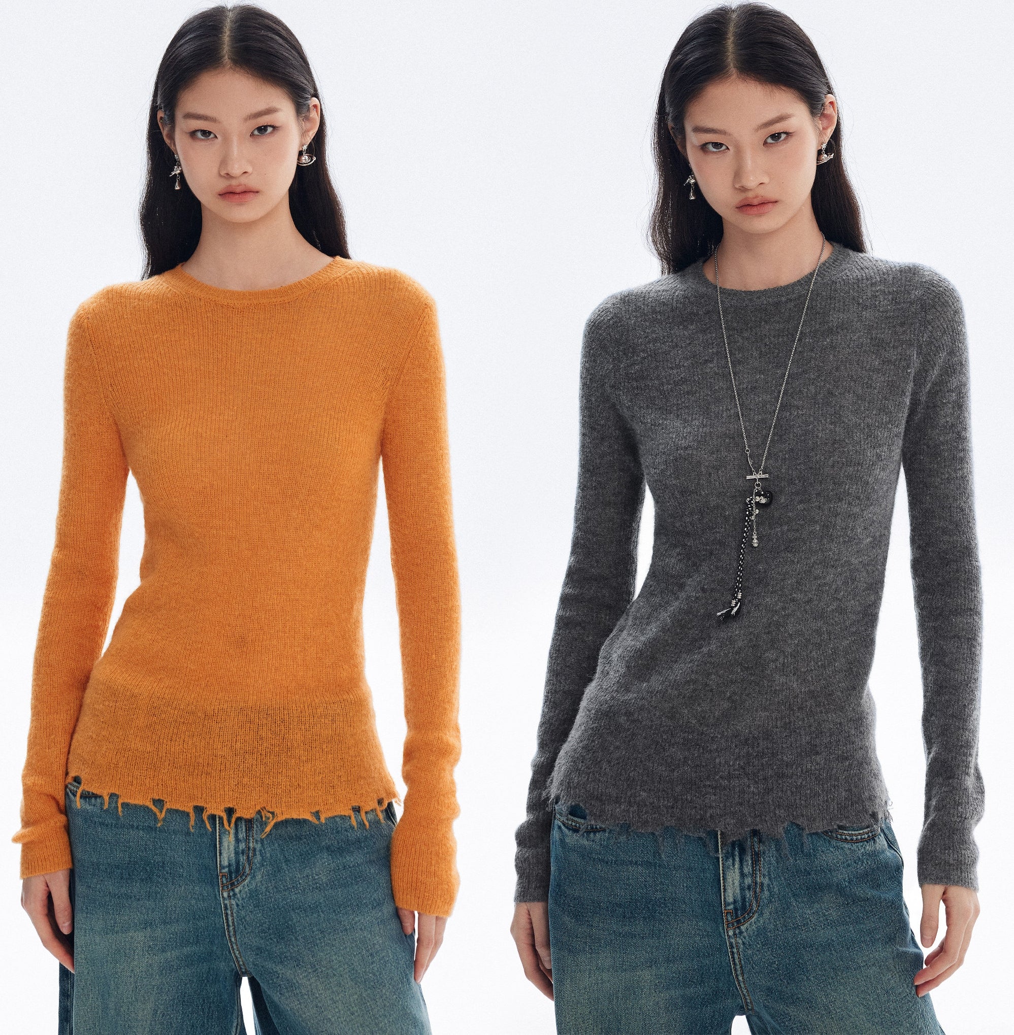 Irregular Frayed Hem Knit Tops_BDHL8146