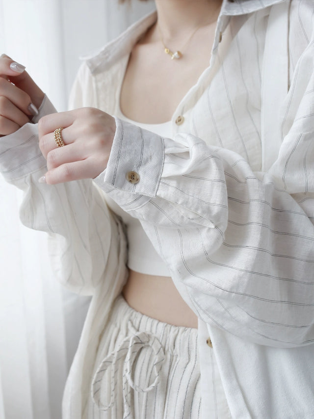 Striped Cotton-Linen Long Sleeve Sunscreen Shirt_BDHL7293