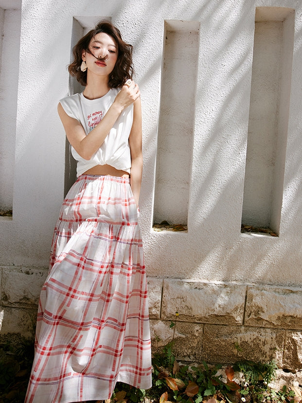 Red Chequered Swing Skirt_BDHL7473