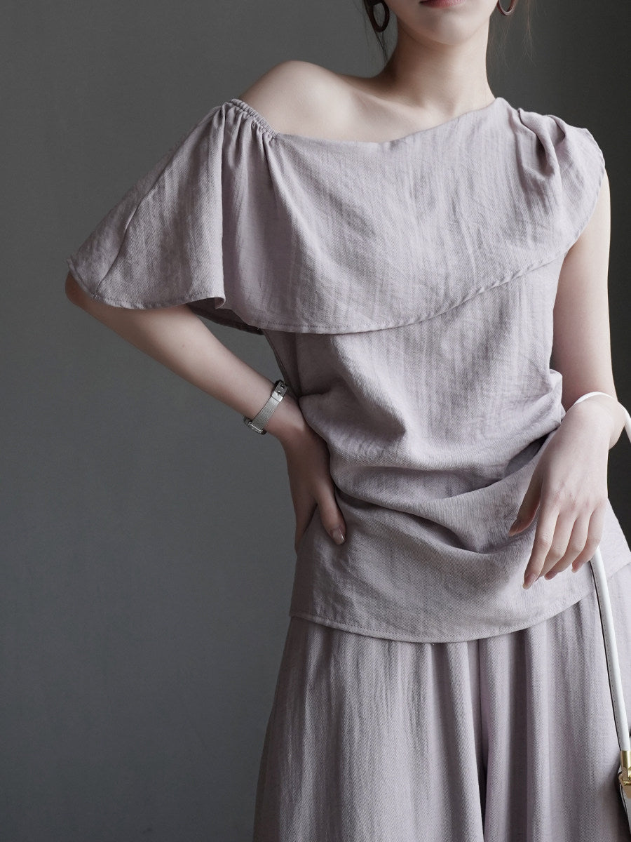 Ruffle Shoulder Top and Wide Pants Set_BDHL8354