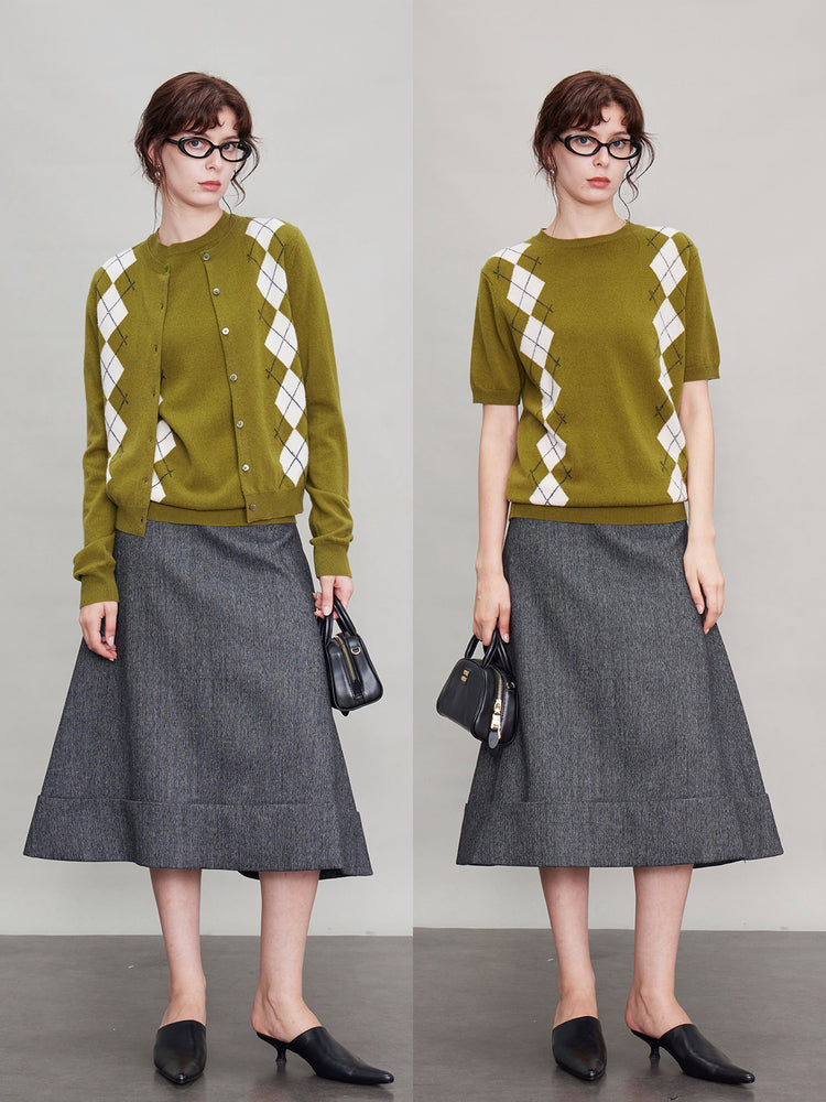 Green Argyle Short-Sleeved Tops Or Cardigan_BDHL6631