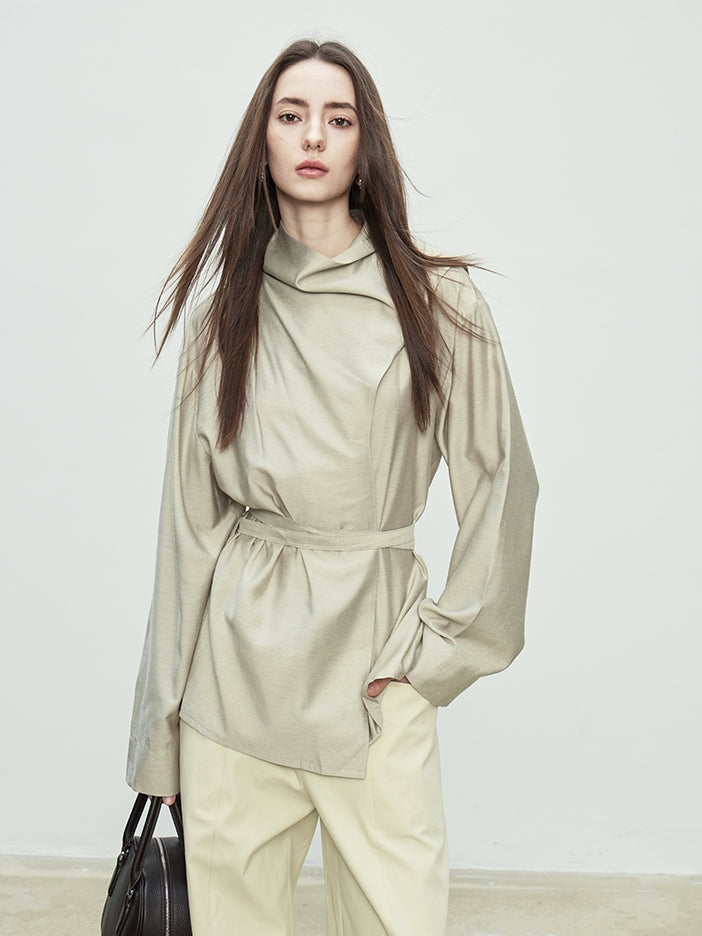 Draped Collar Ribbon Shirt_BDHL7100