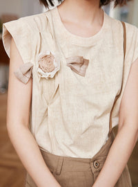 Flower Corsage Short-Sleeved Tops_BDHL6252