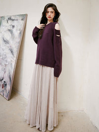 Purple Shoulder Cut-out Sweater_BDHL6746