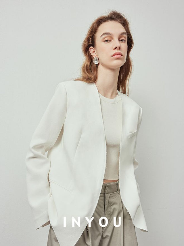 White Slim Collarless Jacket_BDHL6120