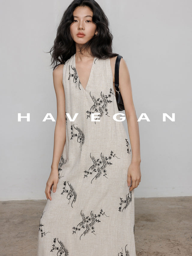 Embroidered V-Neck Sleeveless Dress_BDHL7236