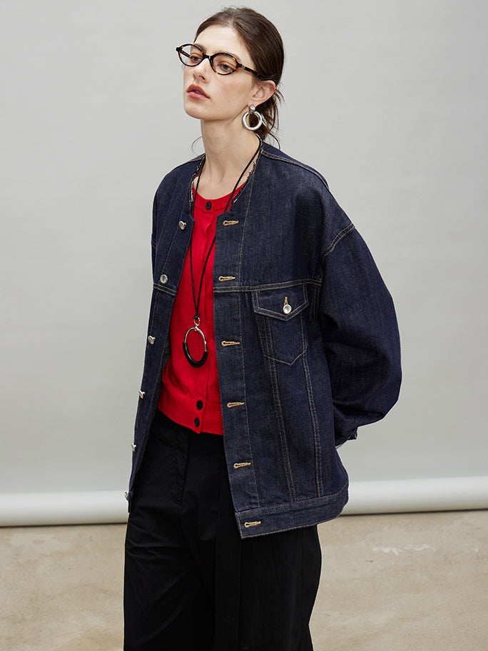 Retro Collarless Denim Jacket_BDHL7197