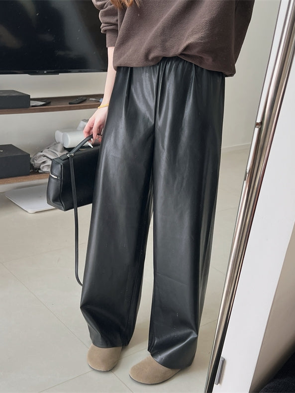 Black PU Leather Straight Pants_BDHL6764