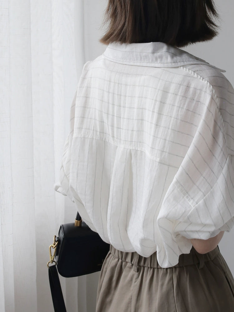 Striped Cotton-Linen Long Sleeve Sunscreen Shirt_BDHL7293