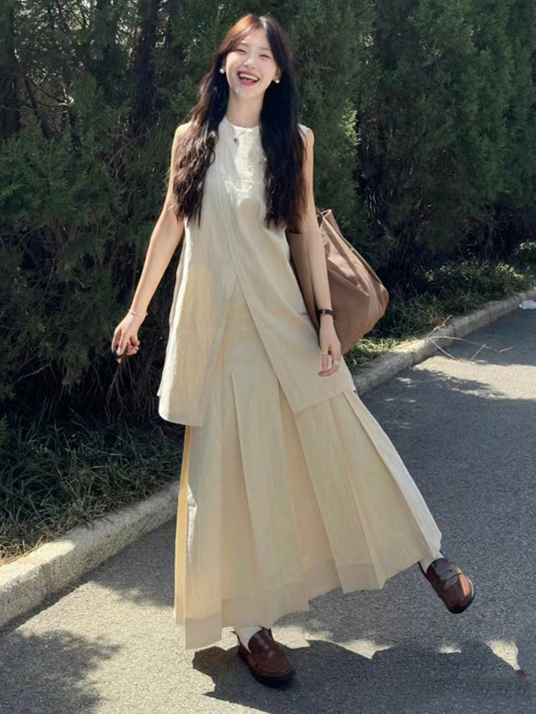 Sleeveless Tops And Pleated Skirt Set_BDHL7567
