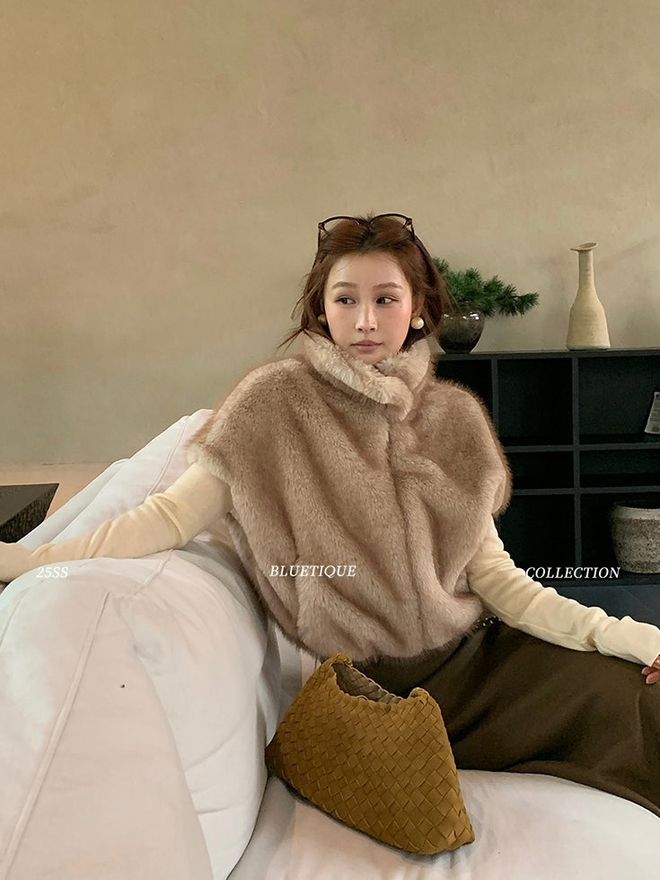 Stand Collar Zipper Fur Vest_BDHL8015
