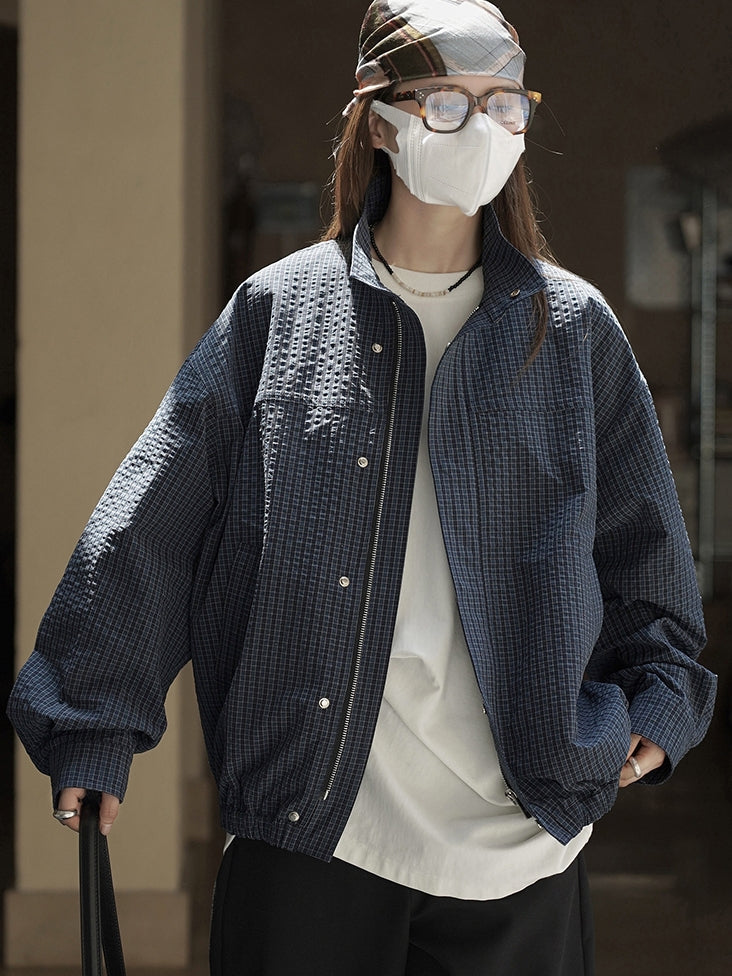 Check-Patterned Stand-Collar Jacket_BDHL7770