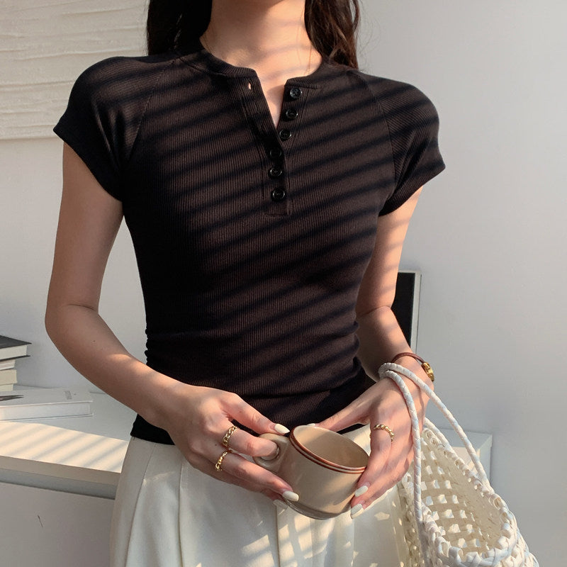 Ribbed Half-Placket Slim Tee_BDHL8364