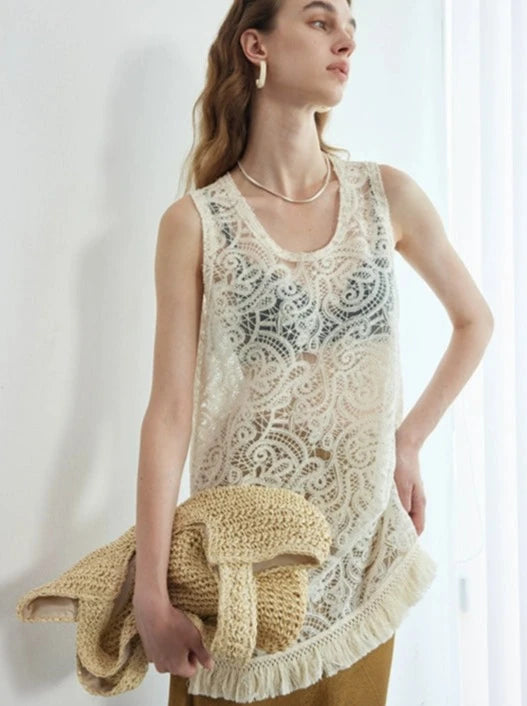 Tassel Lace Vest or Collarless Jacket_BDHL6142