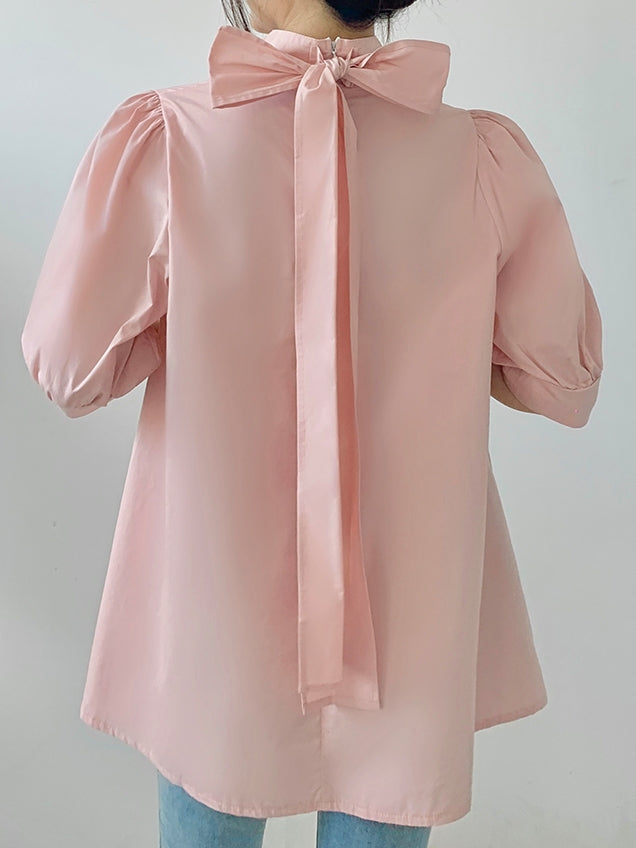 Lantern Sleeve Bow Tie Tops_BDHL7218