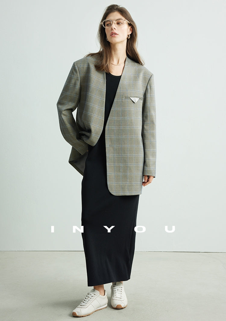 Chequered Collarless Jacket_BDHL7154