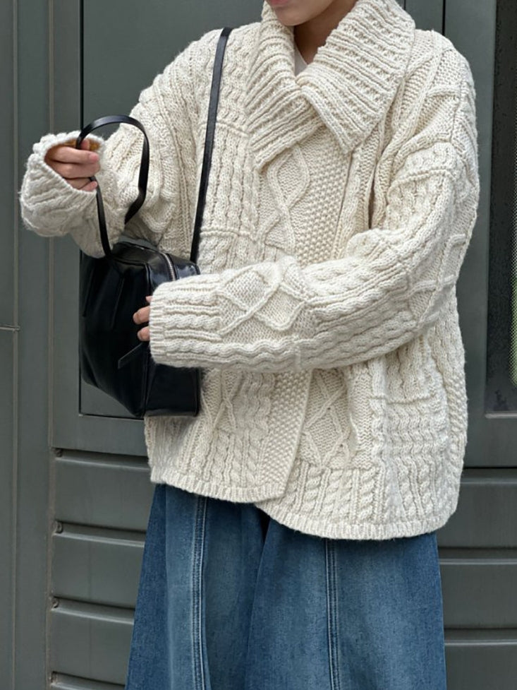 領口飾邊麻花針織開襟衫_BDHL8135