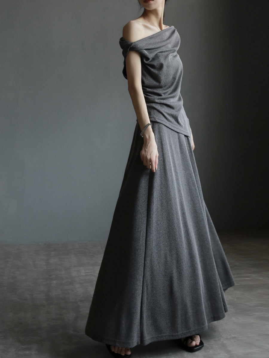 Twisted Collar Top &amp; Drape Skirt Set_BDHL7637