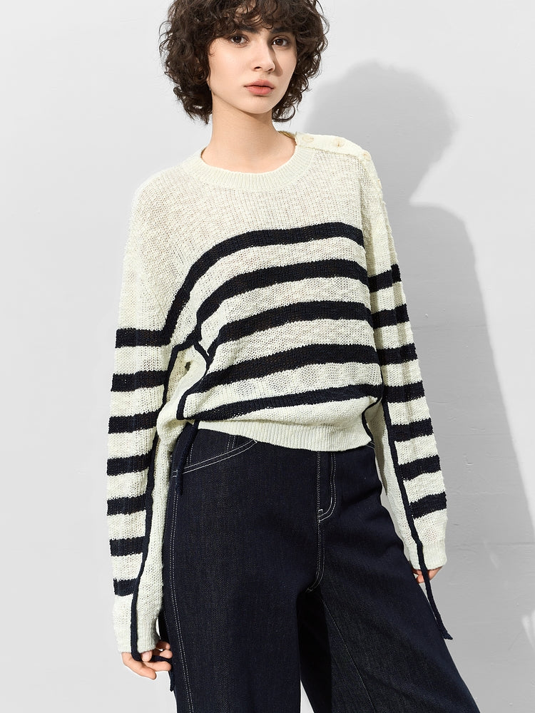 Button-Shoulder Striped Knit Tops_BDHL7012