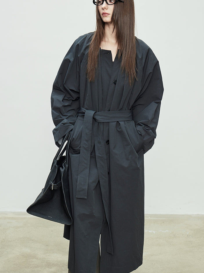 Collarless Loose Long Windbreaker_BDHL7088