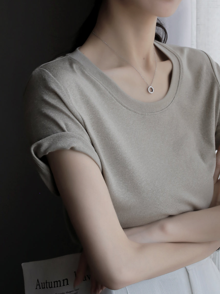 Deep U-Neck Short-Sleeved Tops_BDHL7577