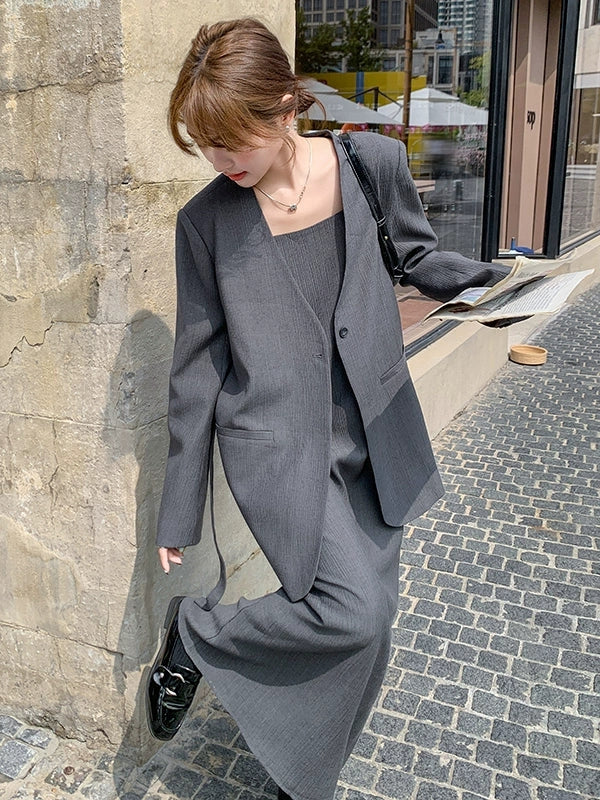 No Collar Jacket And Dress Suit Set_BDHL7562