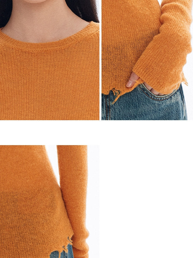 Irregular Frayed Hem Knit Tops_BDHL8146