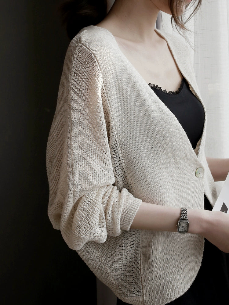 French V-Neck Linen-Blend Knit Cardigan_BDHL7291