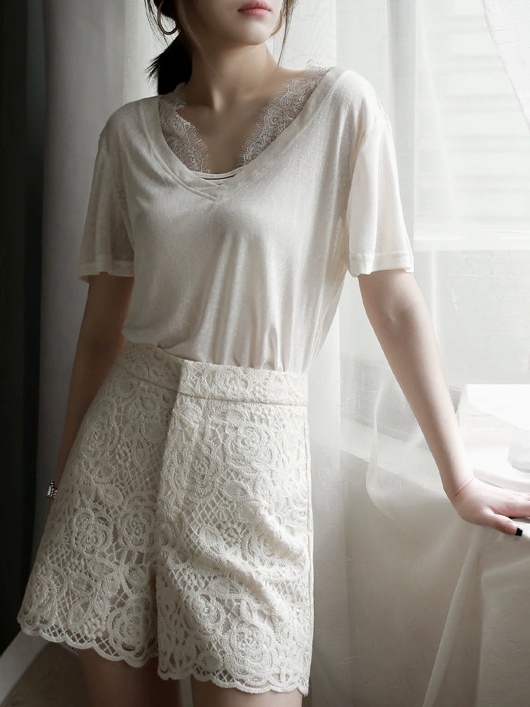Cloud Cotton Lace Panel V-Neck Sheer T-Shirt_BDHL7303