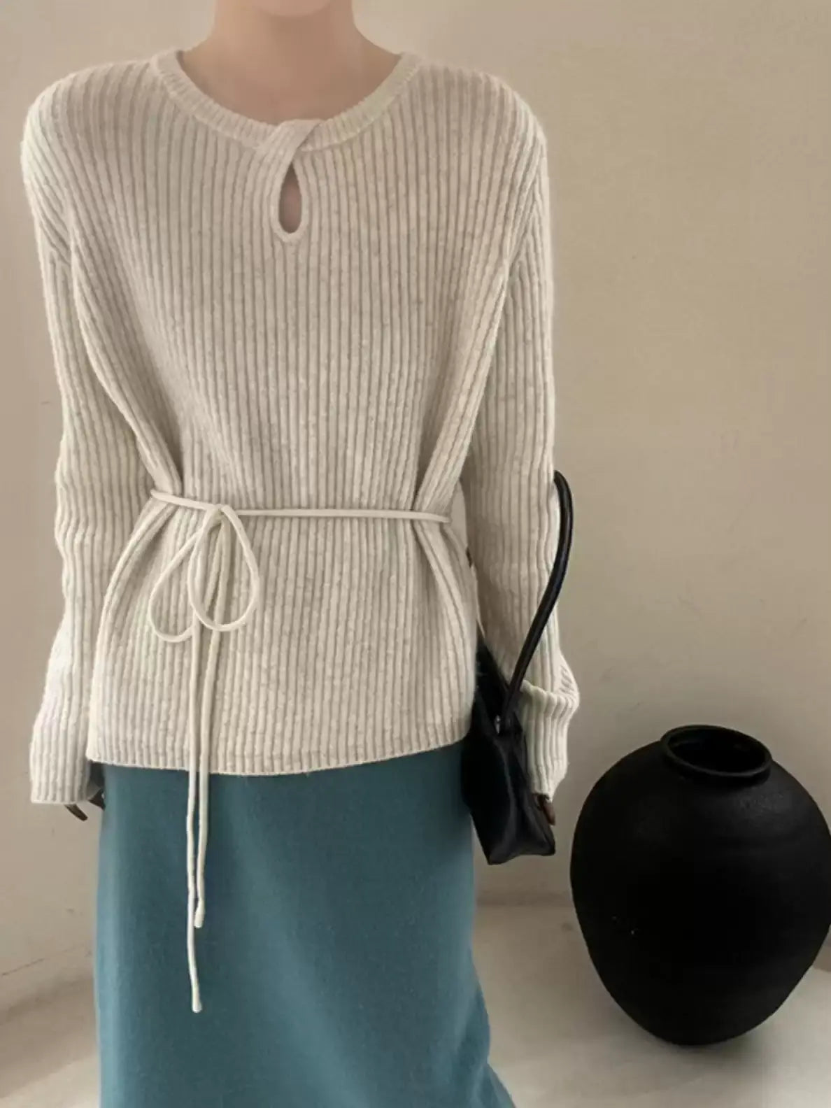 Waist Drawstring Rib-Knit Tops_BDHL8018