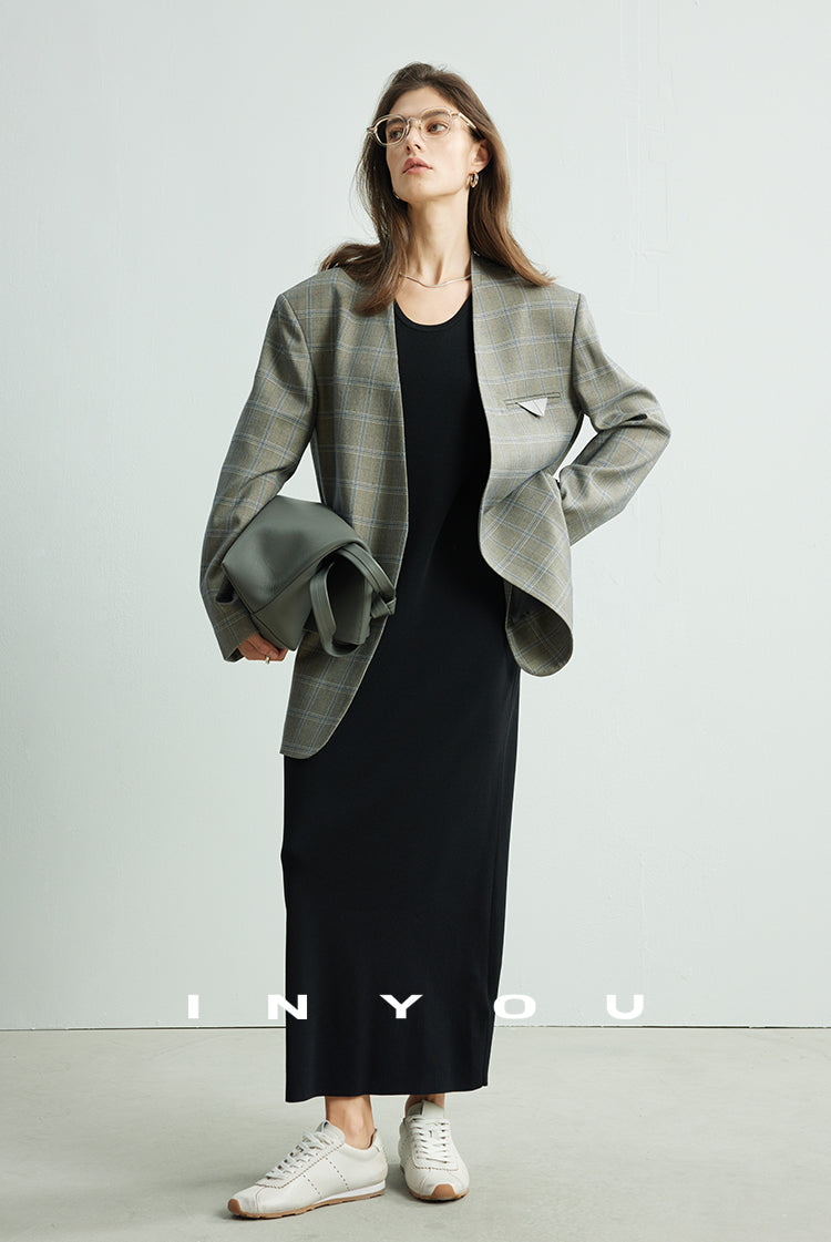 Chequered Collarless Jacket_BDHL7154
