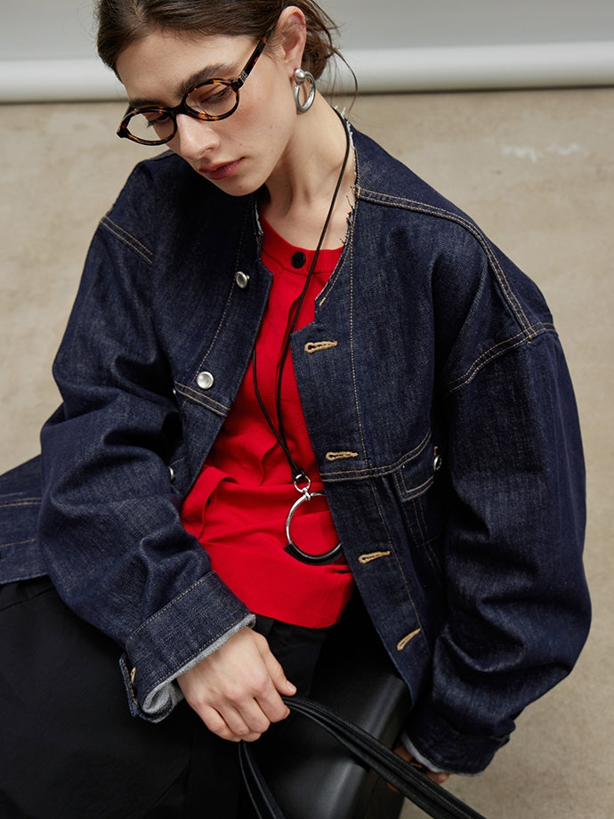 Retro Collarless Denim Jacket_BDHL7197