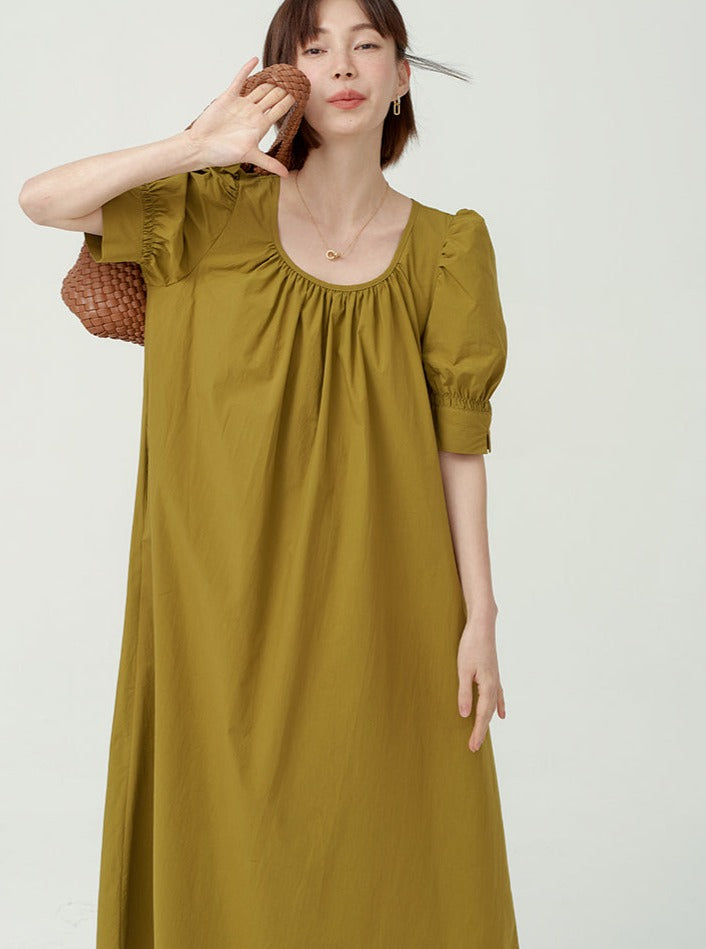 Pleated Loose Puff Sleeve Dress_BDHL6237