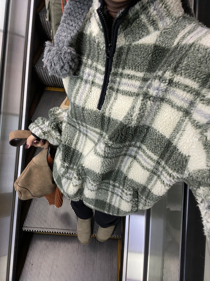Plaid fleece hoodie pullover top_BDHL5394