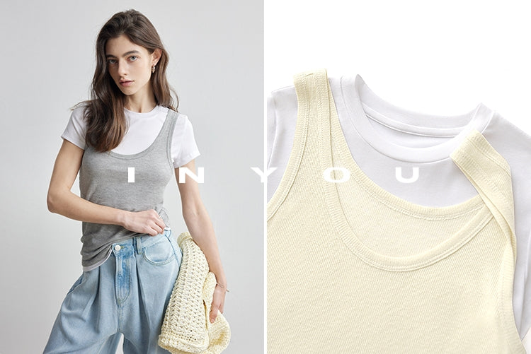 Round Neck T-Shirt And Sleeveless Tops Set_BDHL7174