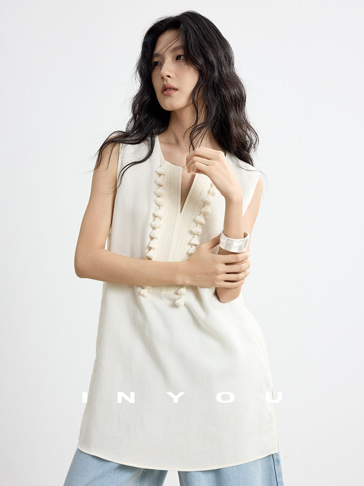 Fringe V-Neck Sleeveless Tops_BDHL7652