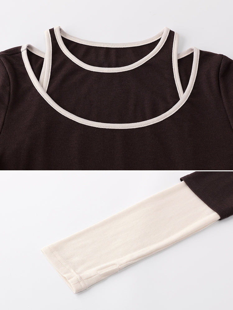 Contrast Color Vest &amp; Long-Sleeved Tops Set_BDHL7779