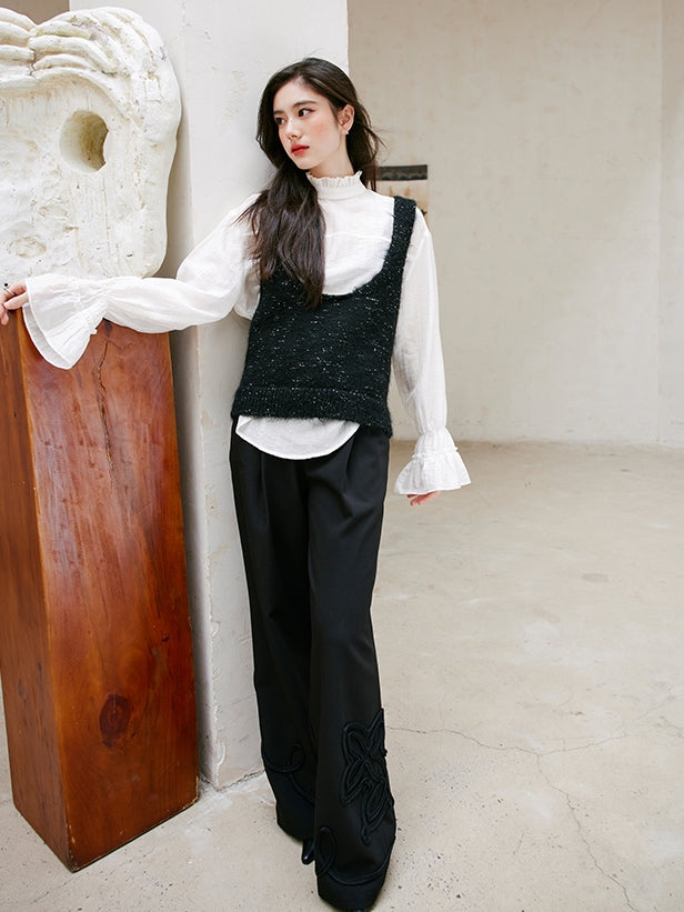 Glitter U-Neck Black Knitted Vest_BDHL6756