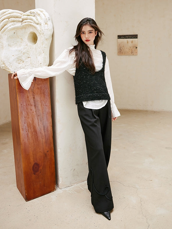 Glitter U-Neck Black Knitted Vest_BDHL6756