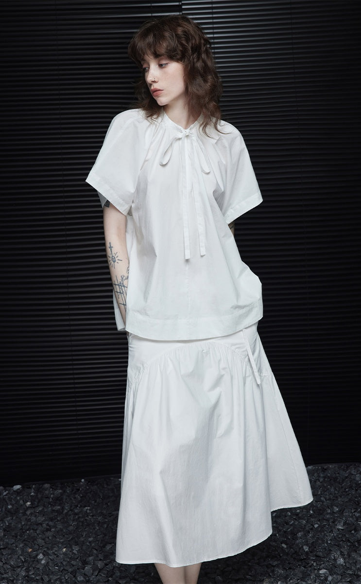 White Bow Tie Short Sleeve Shirt_BDHL6249